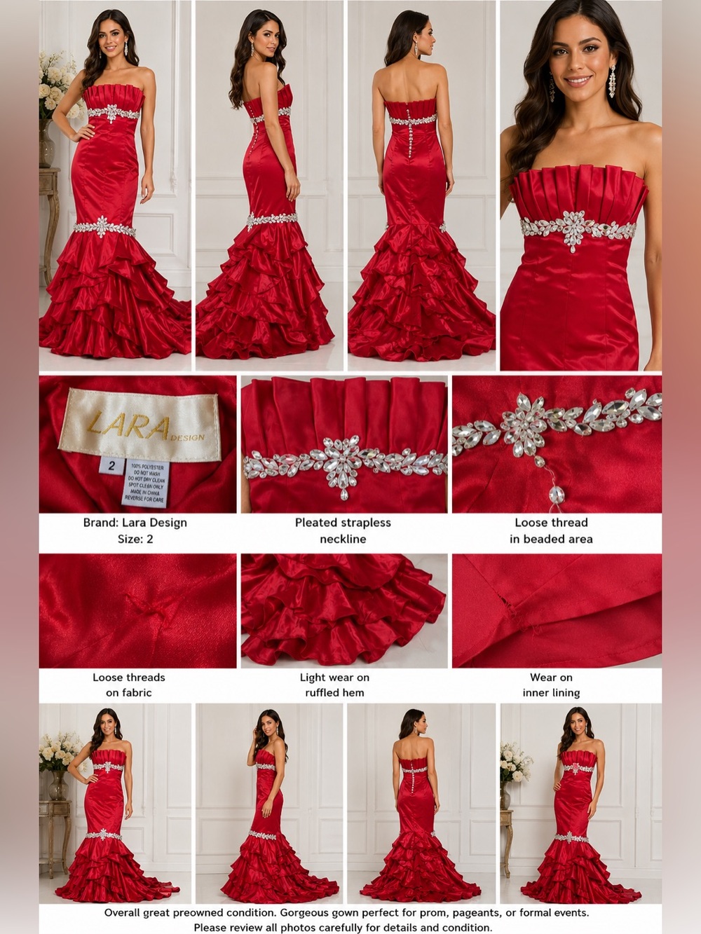 Custom Made Red Mermaid Prom Gown XS Strapless Rhinestone Formal Dress